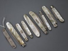 Eight assorted silver and mother-of-pearl fruit knives and a silver mounted penknife.