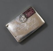 A late 19th century American? sterling silver and enamel "envelope" stamp case, 42mm.
