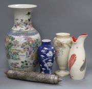 A modern Chinese vase, a similar blue and white vase, two other vases and a scroll box tallest