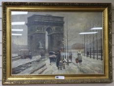 E. Peroux, oil on canvas board, Arc de Triomphe in winter, signed 51 x 75cm