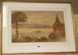 B.M. Willes, watercolour, Burmese seascape with Bogan Temple, signed, 27 x 44cm