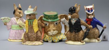 Four Royal Doulton Bunnykins teapots and a Royal Doulton The March Hare figural mug: Geisha,