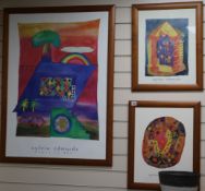 Sylvia Edwards, 3 coloured prints: 'Royal party'. 'Steps to 2000', signed, and 'Labrynth medallion',