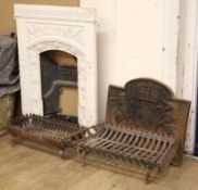 A fire insert, fire-back and two fire baskets Insert W.62cm, fire-back W.60cm and baskets 54 and
