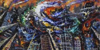 David Wilde, oil on board, The Consuming Flames of Industry.... Salford Docks, signed 38 x 74cm