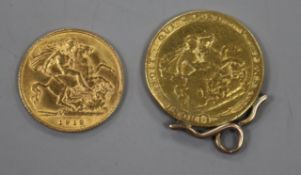 A George V 1913 gold half sovereign and an 1820 gold sovereign in later pendant mount.