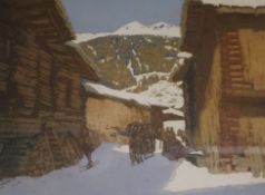 E. C. Laurenson, coloured aquatint, Alpine village, signed in pencil, 26 x 34cm