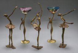 Three bronze sculptures of ballet dancers and two abstract bronze figures holding glass bowls