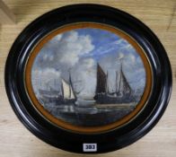 19th century Dutch School, oil on board, shipping at low tide, oval 24 x 28cm