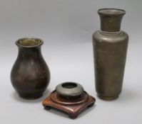 Two Chinese bronze vases and a censer and stand tallest 26cm