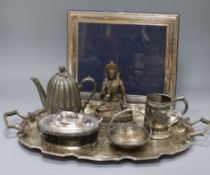 A quantity of plated and other metalware including a plated tray, a butter dish, a pewter teapot,