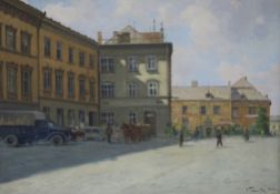 Polish School, oil on canvas board, town scene, signed and dated 1958, 48 x 68cm