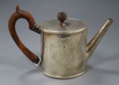 A 19th century white metal drum shaped teapot, unmarked, 9 oz.