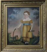 Early 19th century English School, oil on canvas, girl with stick and hoop, 34 x 30cm