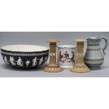 A Victorian pottery frog mug, a pair of Doulton pottery candlesticks, a black basalt bowl and a