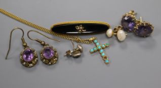 A yellow metal and turquoise set cross pendant on a chain, a 9ct gold, onyx and seed pearl brooch