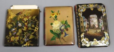 Three Victorian japanned papier mache card cases,