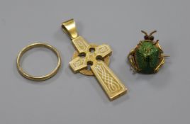 A yellow metal mounted scarab brooch, a Victorian yellow metal and enamel cross pendant and a 9ct