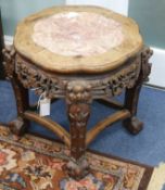 A Chinese hardwood stand with rouge marble top W.44cm, H.46cm