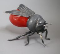 A Mappin and Webb plated mounted preserve pot, in the form of a bee, with amber glass body height