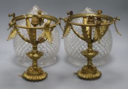 A pair of ormolu mounted acorn shaped hobnail cut glass table lamps overall height 47cmex Congelow