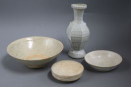 A Chinese Qingbai cosmetics box an d cover, a similar bowl and a Dehua dish, Song-ming dynasty and a