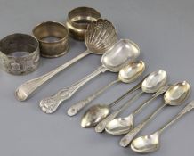 Six silver coffee spoons, a Victorian silver sifter spoon, a silver sorbet? spoon and three silver