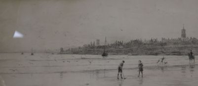 William Lionel Wyllie, etching, Children playing golf at St Andrews, signed in pencil, 16 x 38cm