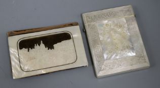 Two 19th century carved mother-of-pearl card cases, one with a bird in a tree the second a view of