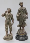 A pair of spelter figures of a soldier and companion, standing on ebonised bases, height 32cmex