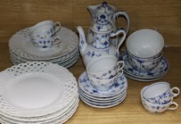 A Royal Copenhagen Blue Fluted pattern matched part breakfast service, etc. comprising a coffee pot,