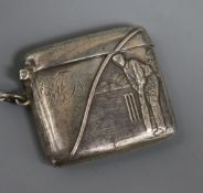 An Edwardian silver vesta case, embossed with a cricketer at the crease, Boots Pure Drug Company,
