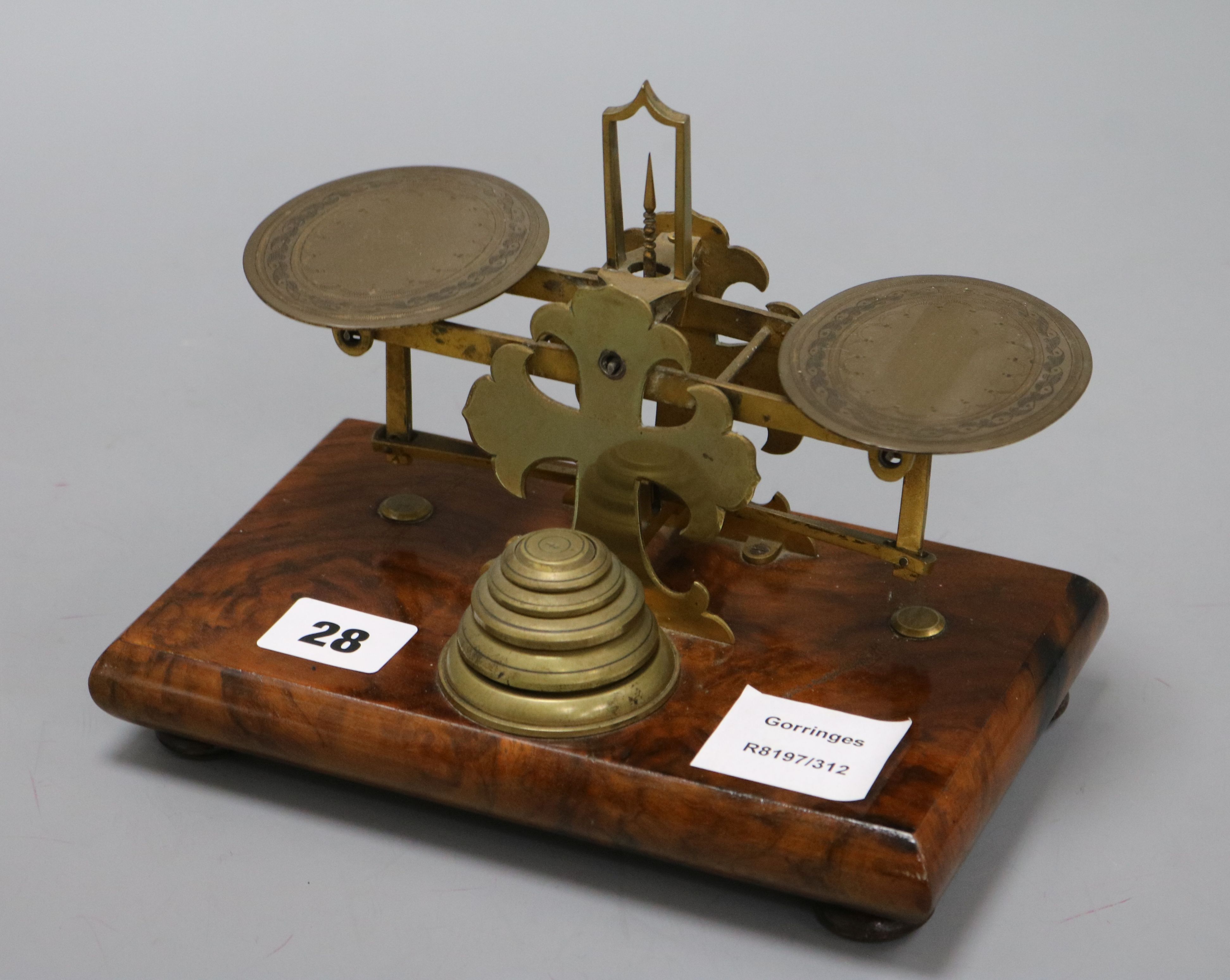 A set of Victorian brass and walnut postal scales and weights length 20.5cmex Congelow House