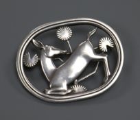 A Danish Georg Jensen sterling silver oval deer brooch, no. 256, 44mm.