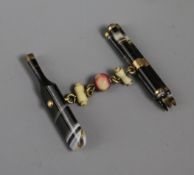 An early 20th century clasp?, modelled as a banded agate and ivory cricket bat, stumps ,bails and