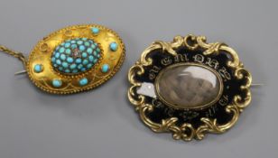 A Victorian yellow metal and black enamel mourning brooch and a Victorian yellow metal and turquoise