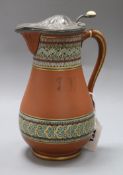 A Wedgwood style antico rosso pear shaped jug with pewter cover, the body with two bands of stylised