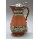 A Wedgwood style antico rosso pear shaped jug with pewter cover, the body with two bands of stylised