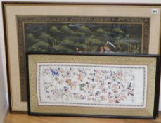 Indian School, gouache on silk, a tiger hunt, overall 47 x 66cm and a Chinese silkwork panel