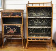 A late Vicorian bamboo and lacquer etagere, the top panel painted with a bird among flowering plants