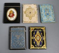 Three Victorian polychrome wood card cases and two Victorian composition card cases largest 10 x