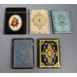 Three Victorian polychrome wood card cases and two Victorian composition card cases largest 10 x