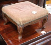 A simulated rosewood framed foot stool, upholstered in velvet, on moulded cabriole legs, W.36cmex