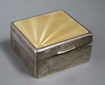 A George V Art Deco silver and enamel square shaped cigarette box, Birmingham, 1936, 92mm.ex