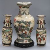 A large 19th century Japanese vase and a pair of smaller crackleware vases tallest 43cm (incl.