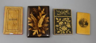 Four 19th century treen card cases, in pen work, Fern ware, Mauchline ware and Sorrento ware.