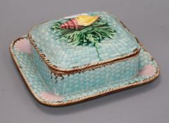 A Minton style maiolica sardine dish and cover, turquoise glazed, the lid with conch shell