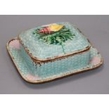 A Minton style maiolica sardine dish and cover, turquoise glazed, the lid with conch shell