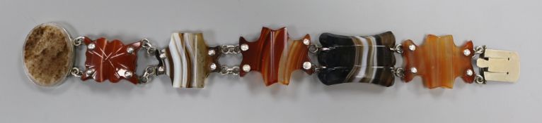 A late Victorian white metal, banded agate and Scottish hardstone set bracelet, 18.5cm