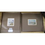 Two coloured etchings of Newquay and Truro, 8 x 6.5cm